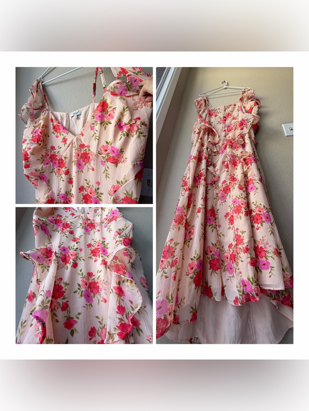 Floral Pink Ruffle V-Neck Women's Long Event Dress